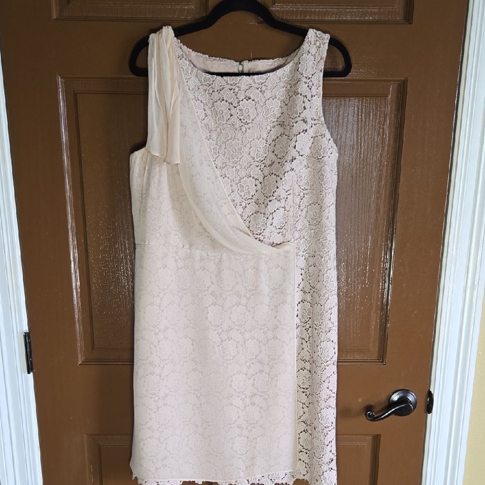 Ann Taylor-Beige lace sheath dress with chiffon overlay on right side Sz 16P